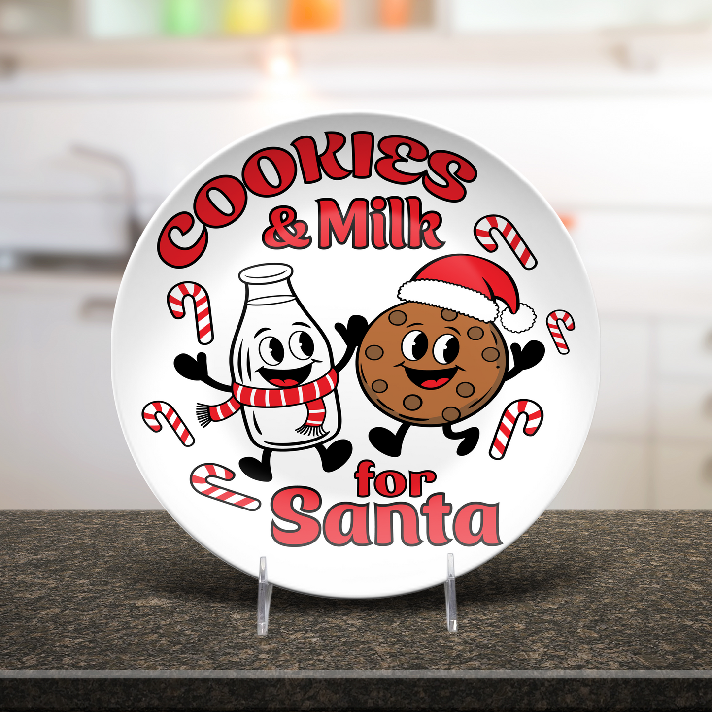 Decorative plate with cartoon milk bottle and cookie holding candy canes, text 'Cookies & Milk for Santa' on a kitchen counter.