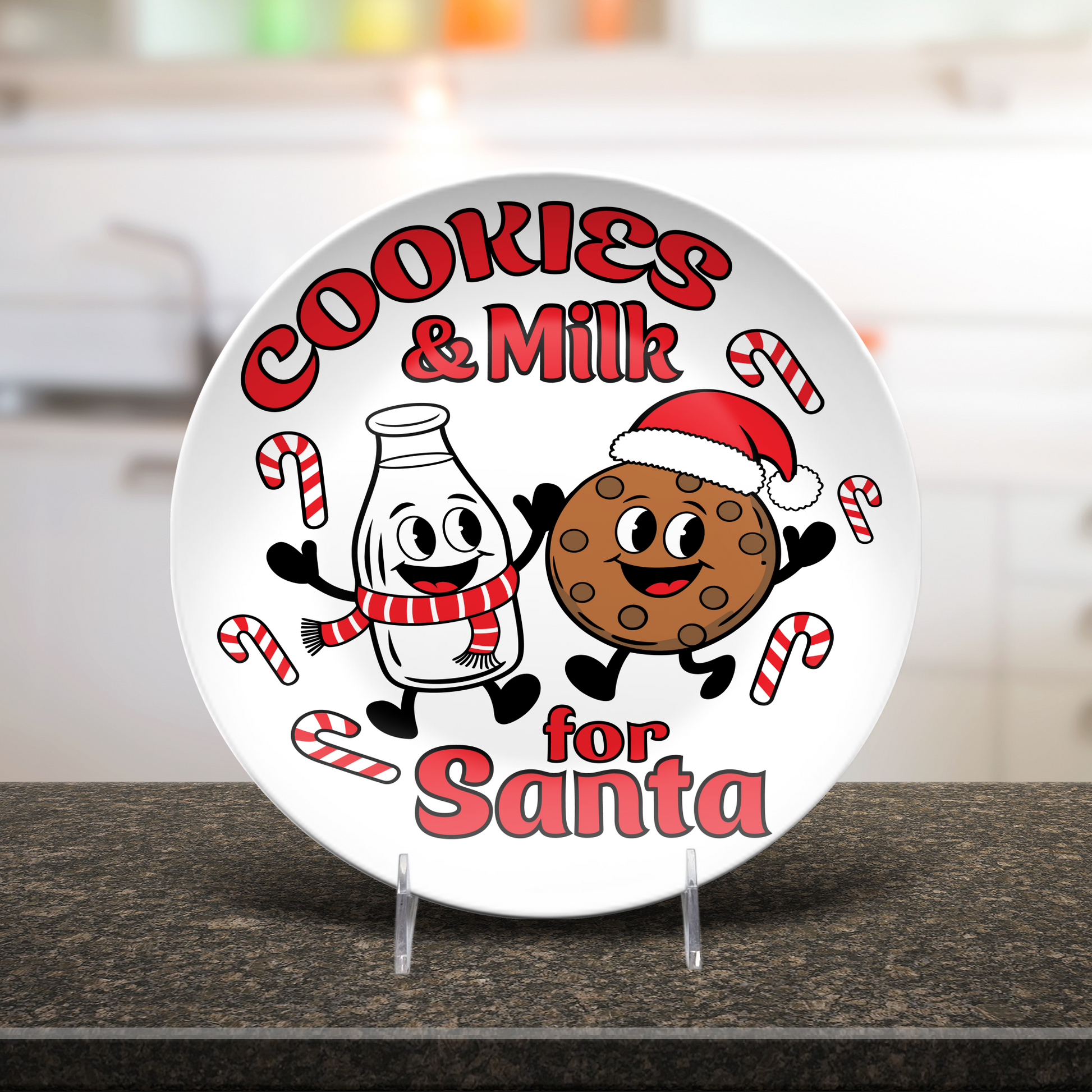Decorative plate with cartoon milk bottle and cookie holding candy canes, text 'Cookies & Milk for Santa' on a kitchen counter.